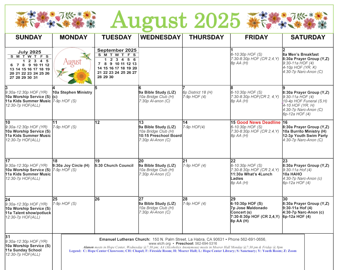 August 2025 Event Calendar